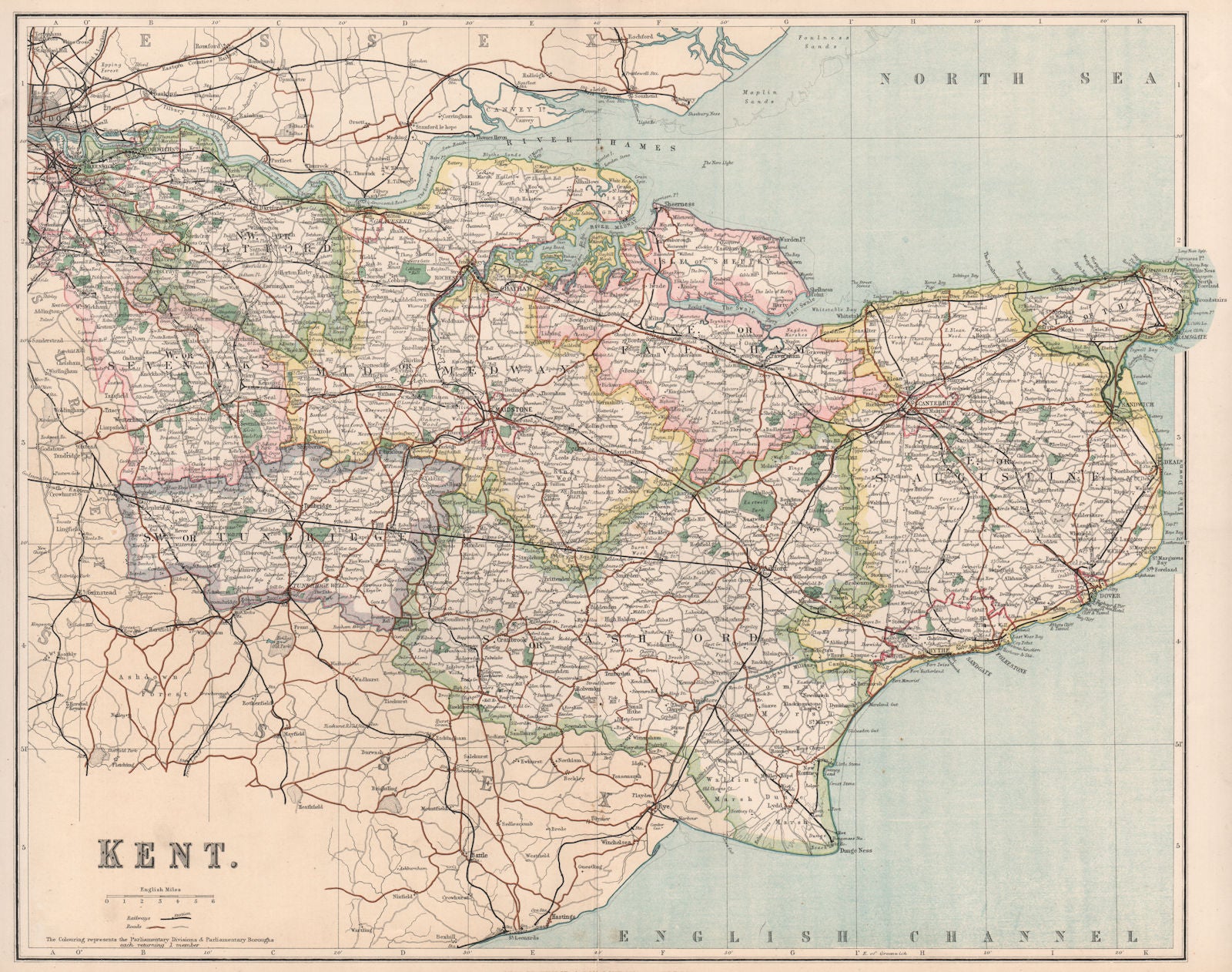 KENT. County map showing divisions & parliamentary boroughs. PHILIP 1902
